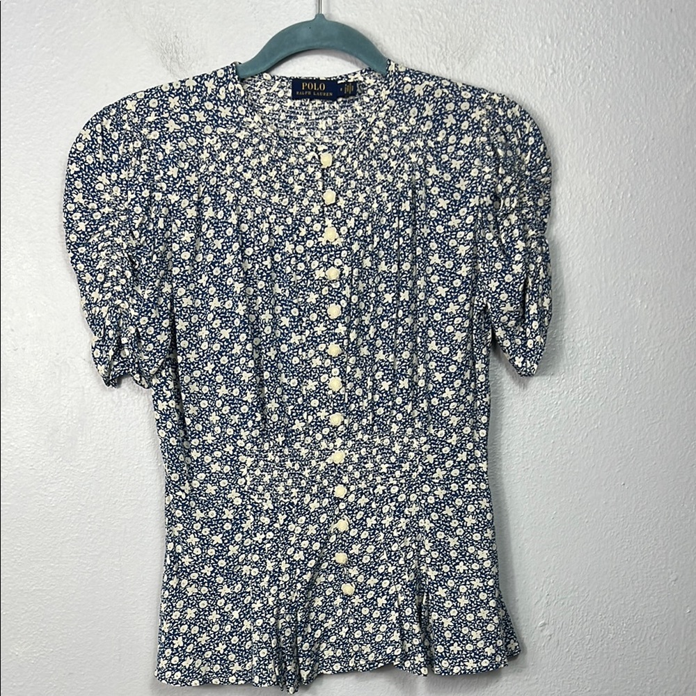 Polo Ralph Lauren Floral Print Blue White Ruched Sleeve Button Front Blouse 0 - Picture 1 of 10